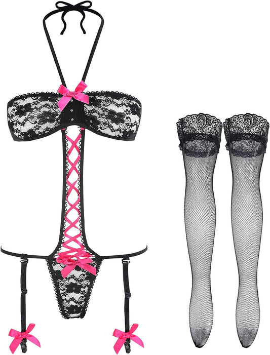 Black Lace Garter Belt for Women Halter Women Lingerie Fishnet Stocking